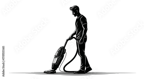 A man diligently vacuums, a simple black silhouette illustration.