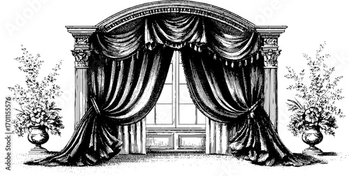 Elegant vintage curtains with ornate columns and floral arrangements - retro design sketch
