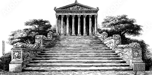 Vintage engraving of classical palace with majestic staircase and ornate columns