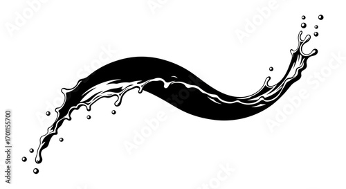 A stylized black liquid splash, curving gracefully across a white background.