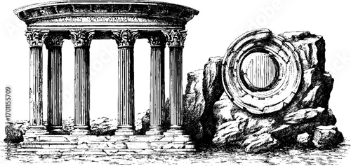 Ancient roman architecture in vintage engraving style: columns and rock artifacts