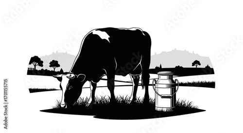 A black and white illustration of a cow grazing in a field next to a milk can, with trees and hills in the background.