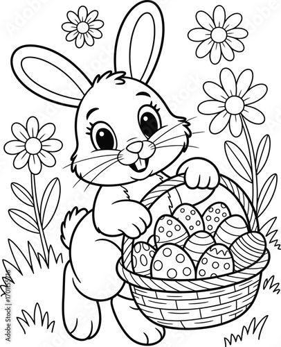 Cute easter bunny holding a basket full of decorated eggs surrounded by flowers and grass