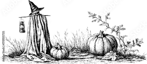 Vintage harvest scene with pumpkins and scarecrow lantern for autumn decor