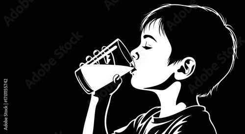A child peacefully drinks milk from a glass, depicted in a stark black and white illustration style.