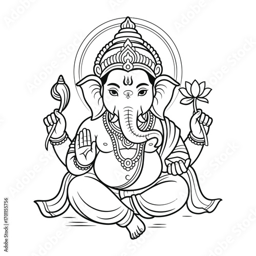 Line art drawing of lord ganesha sitting in a meditative pose holding a lotus flower and a conch shell
