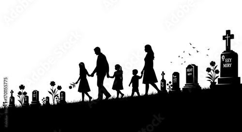 Silhouette of a family walking through a cemetery, mourning a loss.