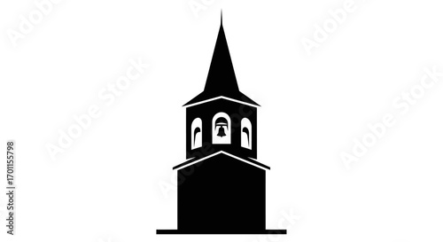 Silhouette of a church steeple with a pointed spire and bells visible in the belfry, set against a white background.