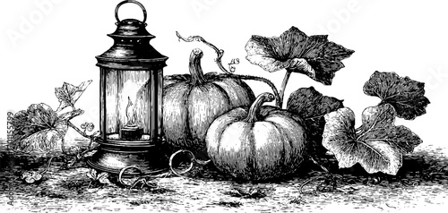 Vintage engraving of pumpkins and lantern with leaves in classic style