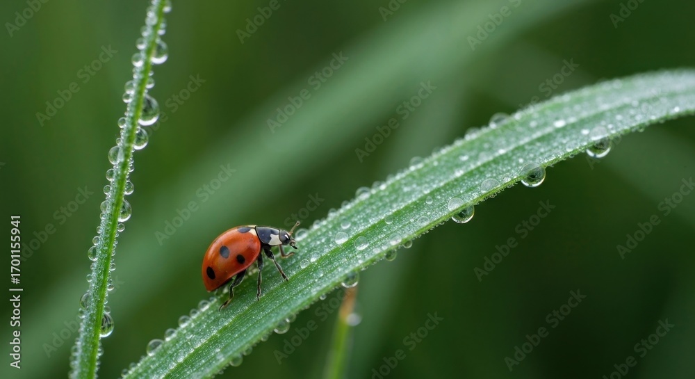 Fototapeta premium Ladybug on dewy grass blade (1)
