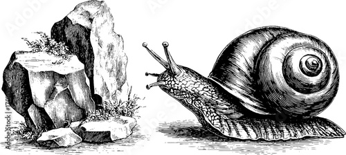 Vintage engraving style snail and rock illustration for nature and design concepts