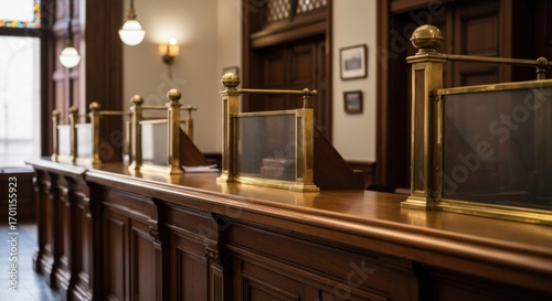 Interior view of a vintage bank teller counter.  Ornate wooden counters with brass dividers and glass partitions.  Classic, formal interior design.  Sunlight streams in from a window
