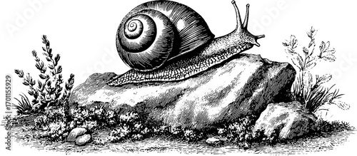 Vintage engraving style snail illustration on rock with foliage for retro design