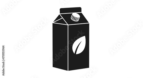 A simple, black and white illustration of a carton of plant-based milk, featuring a leaf symbol.