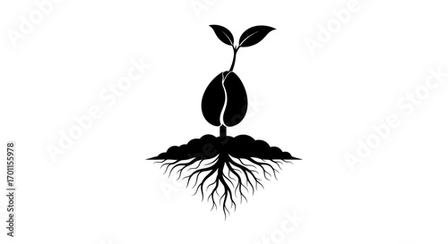 Black and white illustration of a seed sprouting with roots and leaves.