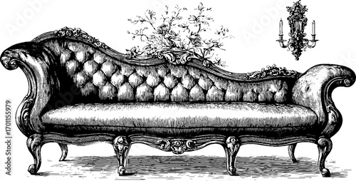 Vintage engraving style illustration of elegant sofa set for interior design