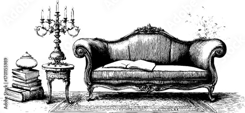 Vintage engraving of elegant sofa set with books and candle holder - retro home decor design