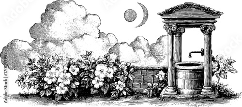 Vintage engraving of spring scene with flowery garden and classical well
