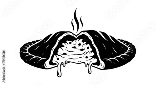 Black and white illustration of a calzone with steam, cheese, and filling spilling out.