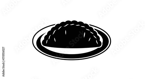 A stylized black and white illustration of a dumpling or empanada on a plate.