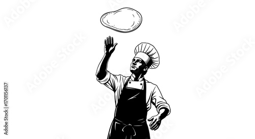 A chef in a chef's hat throws a pizza in the air.