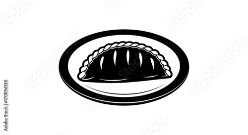 A stylized black and white illustration of a savory pastry on a plate.