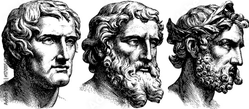 Vintage engraving style illustrations of three classical busts for retro design