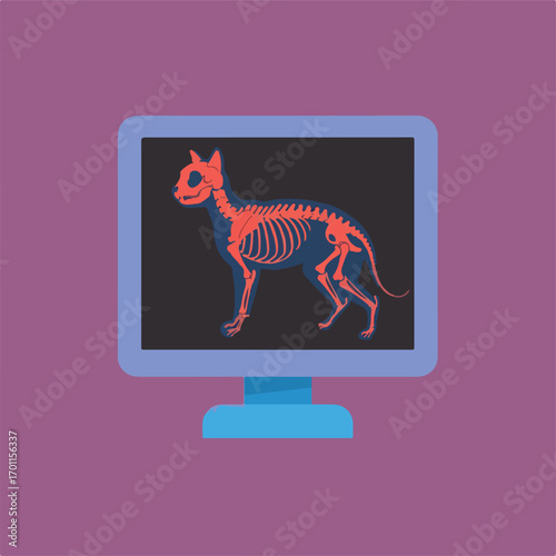 An illustration of a computer monitor displaying an x-ray of a cat skeleton in a black screen on top of a violet background.
