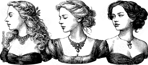 Elegant vintage portraits: hand drawn profiles of three women