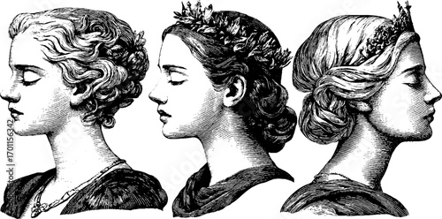 Elegant vintage engraving style portraits of women in profile