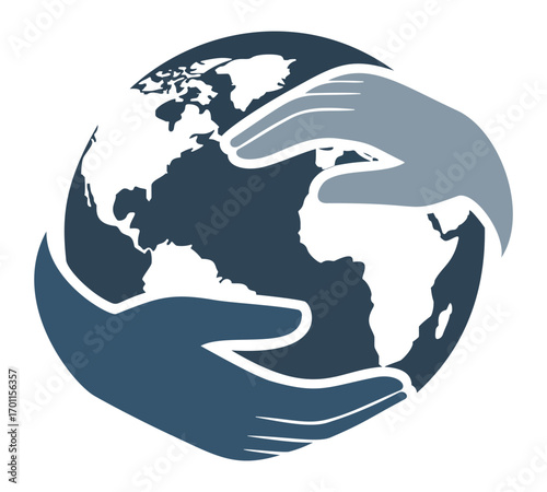 A logo of two hands cupping a globe, symbolizing environmental protection, global solidarity, and saving the earth