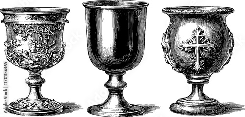 Antique chalices collection - vintage engraving style for decorative and design use