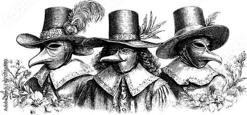 Vintage plague doctor illustration set with floral accents - ideal for retro design and decor
