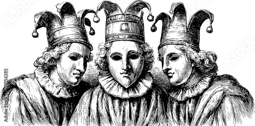 Vintage engraving style illustration of three jesters in costume - perfect for theater and festival design