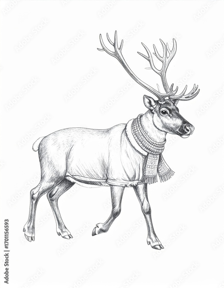 Obraz premium Monochrome Reindeer in Collar Walking on White Background Winter Illustration