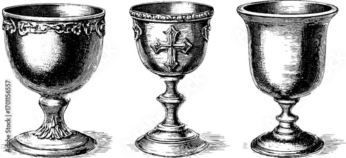 Vintage engraving style set of three chalices for historical design