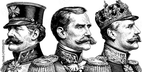 Vintage engraving style portraits of distinguished historical figures in regal attire