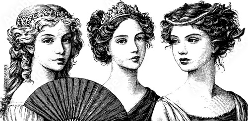 Elegant vintage sketch of three victorian women with crowns and fan