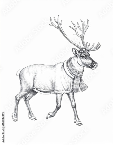 Monochrome Reindeer in Collar Walking on White Background Winter Illustration