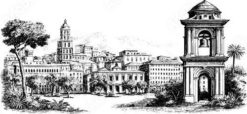 Vintage engraving style illustration of townscape with historic architecture and bell tower