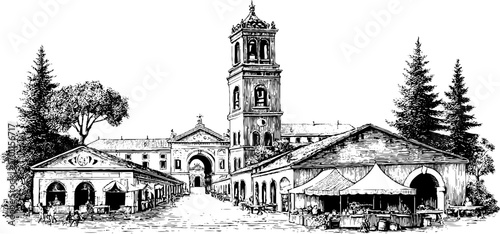 Vintage engraving style illustration of historic town square with market stalls