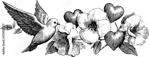 Vintage valentine’s day engraving set featuring dove and floral arrangement