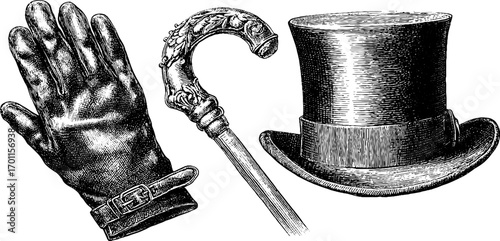 Vintage engraving style illustration of walking stick, leather glove, and top hat for retro design