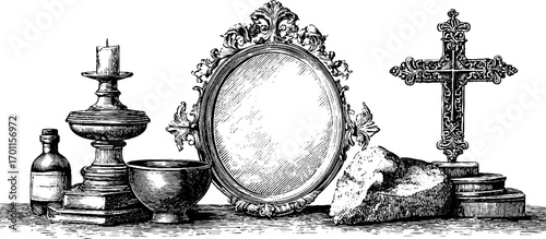 Vintage engraving style illustration of decorative objects with mirror and candle holder for antique design