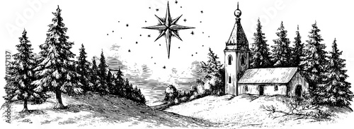 Vintage winter landscape with church and pine trees in engraving style for holiday design