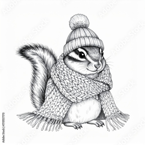 Detailed Stippled Illustration of a Squirrel Wearing a Winter Hat and Scarf