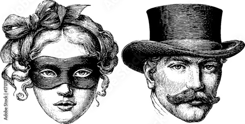 Vintage engraving style illustration of masked woman and man in top hat