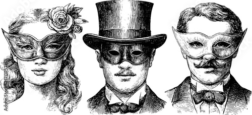 Vintage engraving style masks and costumed portraits for classic event design