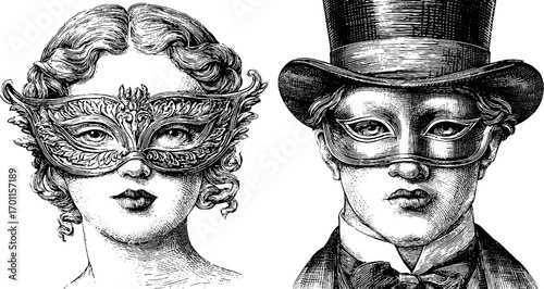 Vintage engraving style illustration of masked man and woman for artistic design