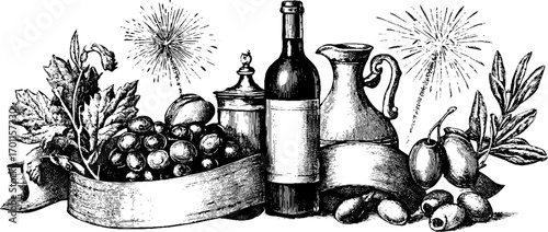 Vintage wine festival celebration in engraving style with festive decorations